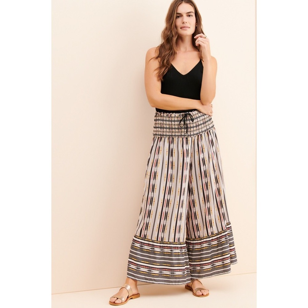 Maeve Anthropologie Zamirah Smocked Wide Leg Pants Multi Color Ikat Stripe M